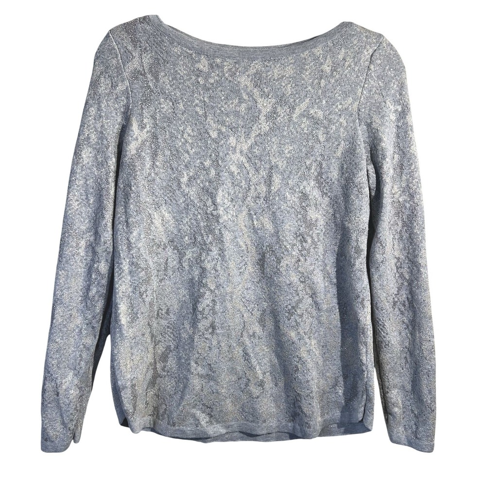 Chicos Metallic Silver Grey Snakeskin Knit Sweater Scoop Neck Size 0 Small